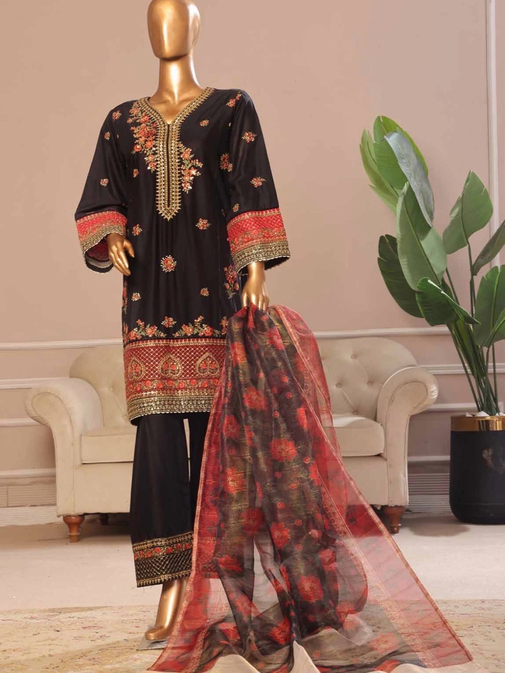 Bin Saeed 3pc Black Embroidered Women’s Kurta Set with Red Accents in Medium